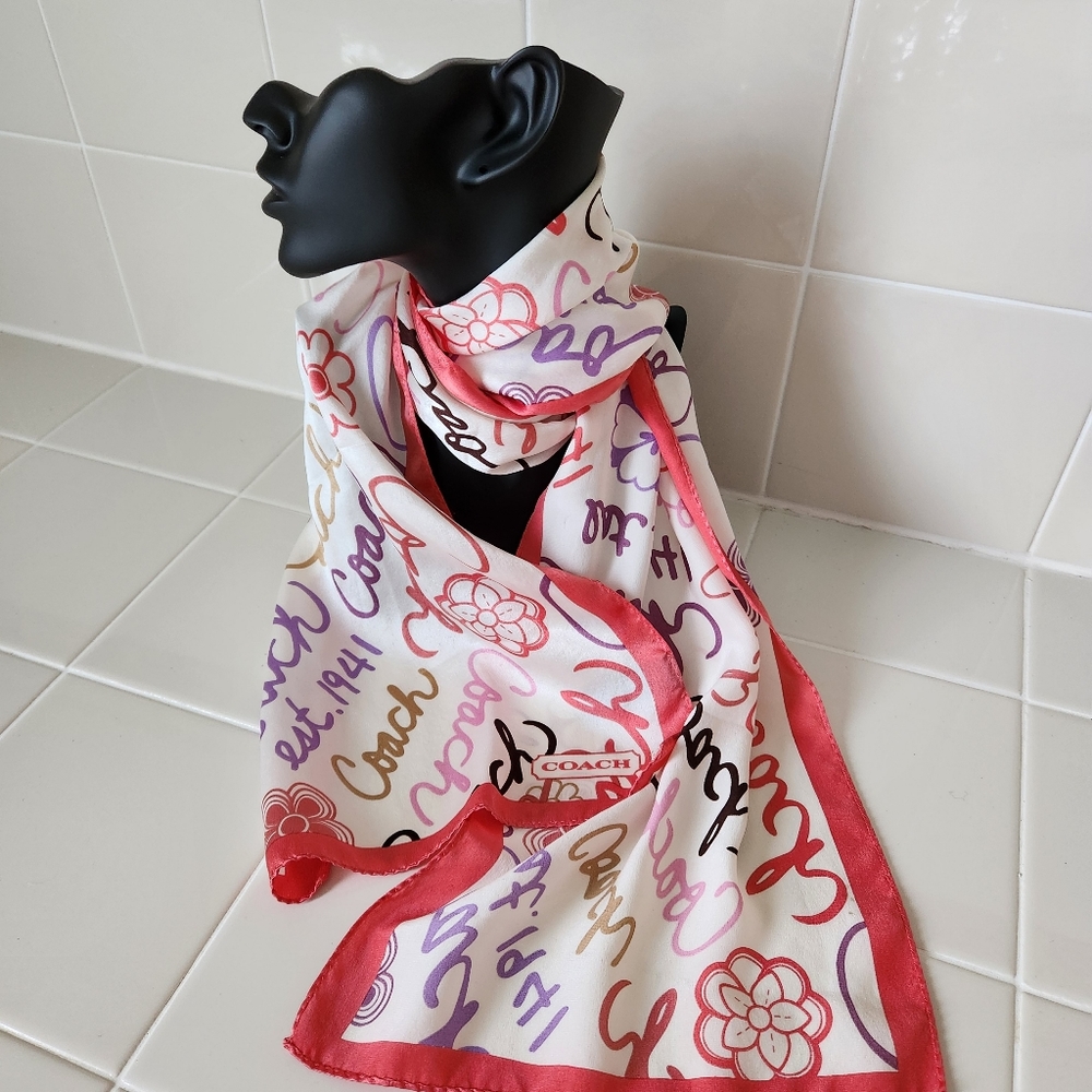 COACH 100% Silk Scarf Vintage Script Monogram Floral Red White